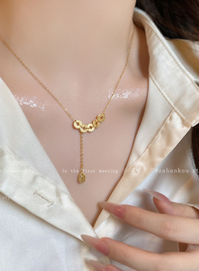 「五帝钱」碎冰冰项链爆闪钱币流苏锁骨链新中式2026新款偏财项链