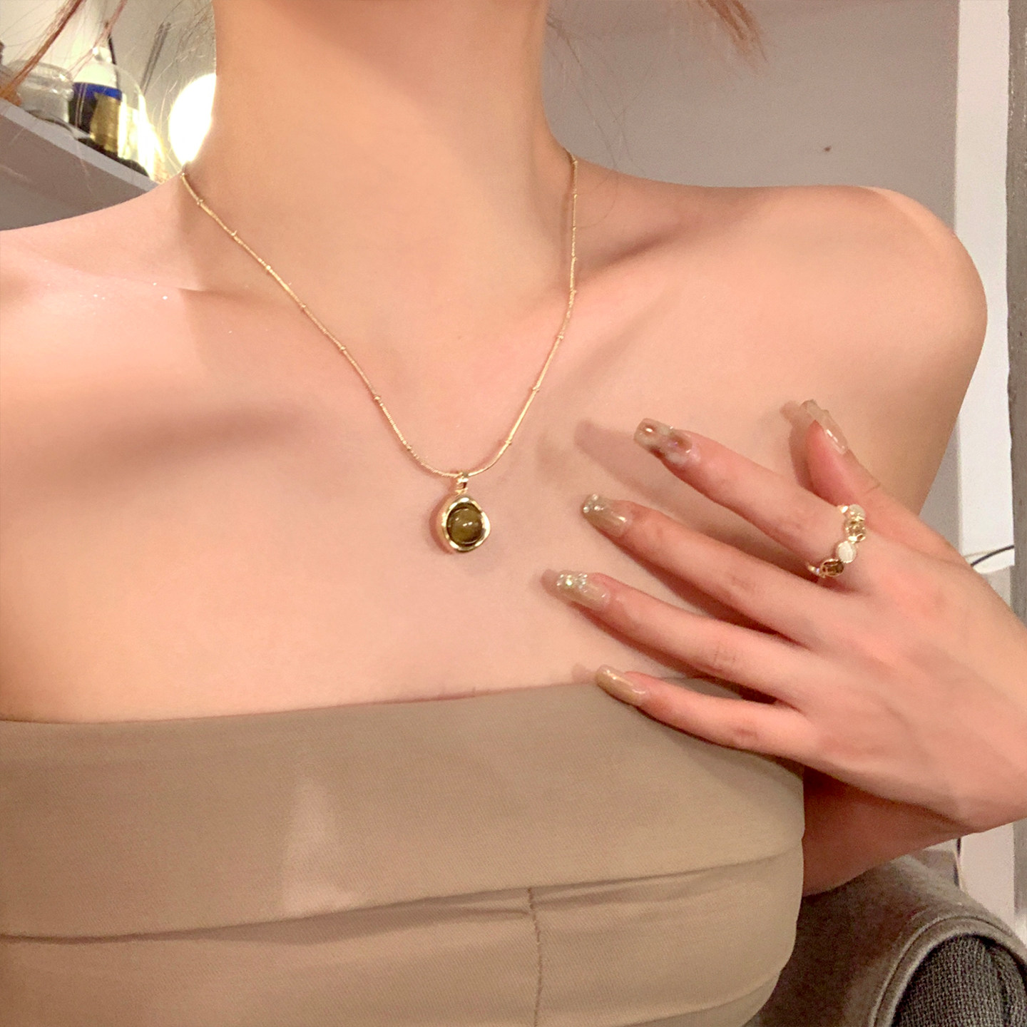 复古美拉德虎眼石双层叠戴项链女轻奢高级感锁骨链气质颈链配饰