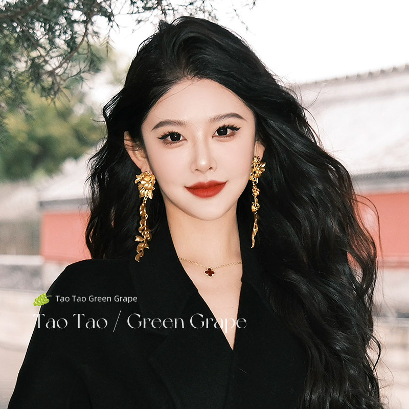 金色花朵长款流苏耳环女轻奢高级感夸张小众新中式气质方圆脸耳饰