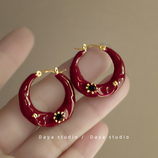 微醺波尔多_氛围感法式 复古酒红滴釉耳环高级感小众气质耳圈耳钉