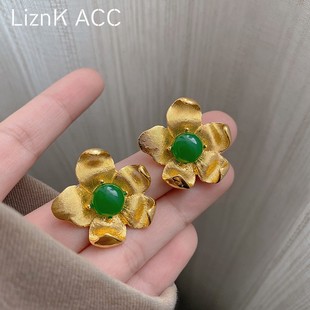 文艺复古国风立体夸张大花朵中古风耳饰祖母绿耳环2024年秋季耳钉