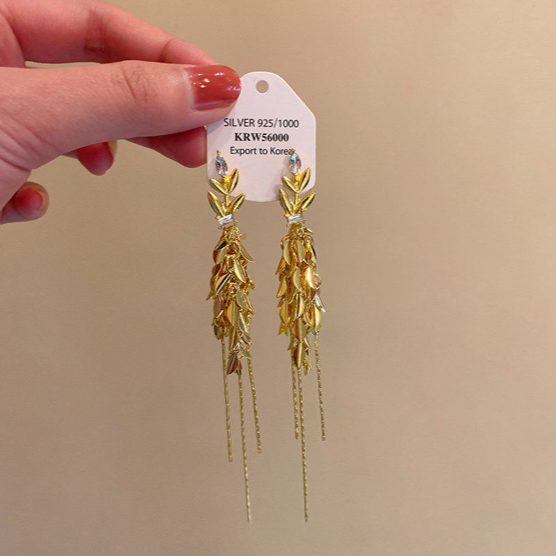 风吹麦穗!金色叶子流苏耳钉女轻奢高级感设计耳环精致晚宴耳饰品