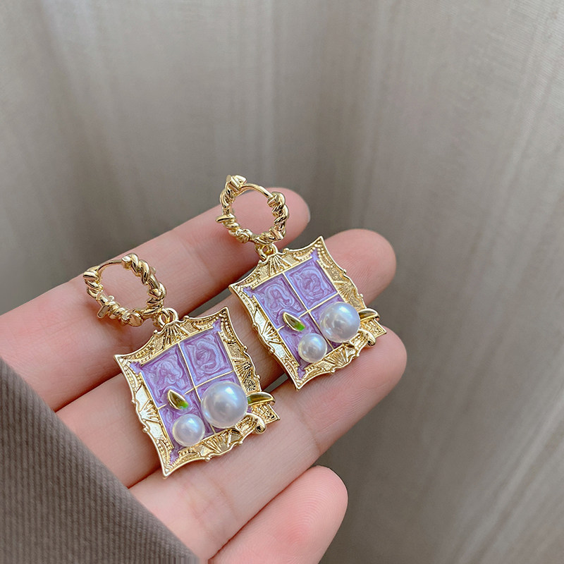 莫奈花园天然珠珠耳环女巴洛克紫色油画风耳钉轻奢高级感独特耳饰