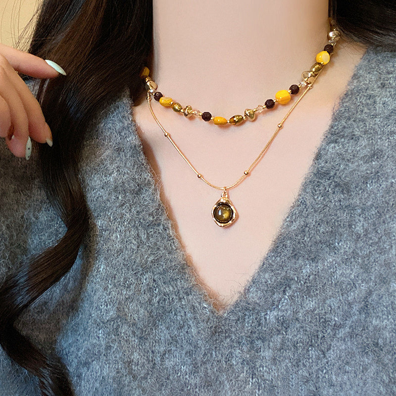 复古虎眼石款天然石串珠项链套装女新款轻奢时尚锁骨链气质毛衣链
