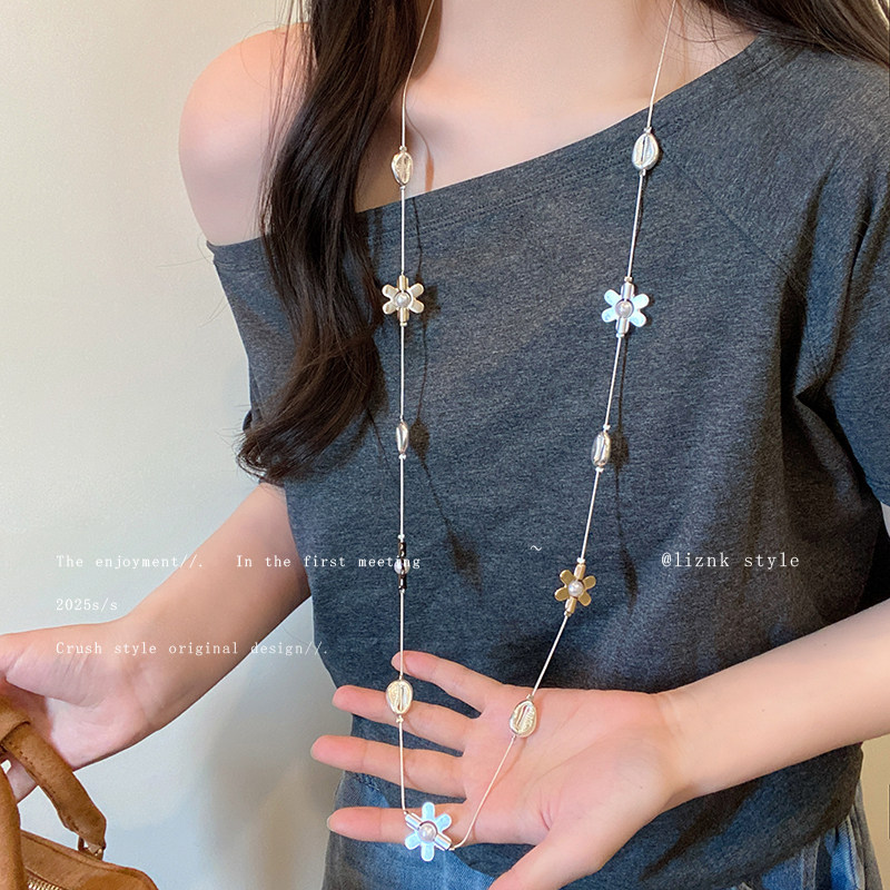 古早文艺风!金色贝壳流苏长款项链女度假风小众毛衣链复古高级感