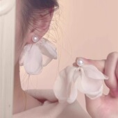 森系超仙雪纺花朵耳环度假风甜美高级感耳钉温柔法式 网纱花瓣耳饰