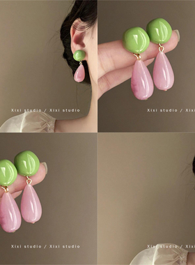 坠入快乐海！撞色水滴树脂耳钉甜美多巴胺耳饰清新甜美耳环盘发器