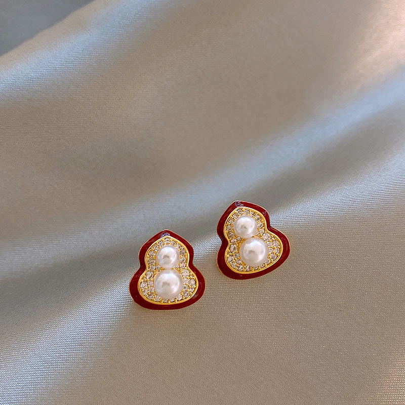新中式红色葫芦珍珠耳钉女轻奢高级感秋冬耳环巨好看耳饰独特漂亮