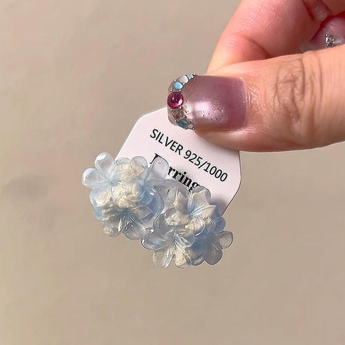 夏季清透蓝晕染花朵串珠耳环轻奢高级感气质耳钉女独特绝美耳饰品