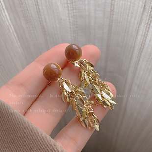 金色羽翼~美拉德虎眼石麦穗流苏耳环女秋冬高级感耳钉方圆脸耳饰