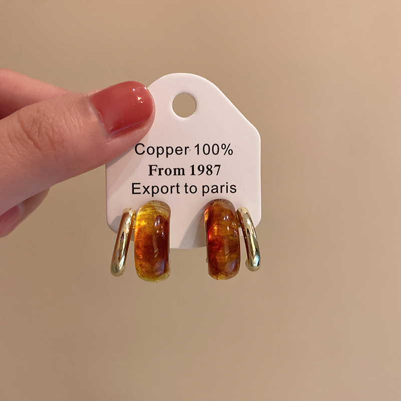 琥珀金属双层C形耳环女美拉德复古耳钉2025新款爆款小众独特耳饰