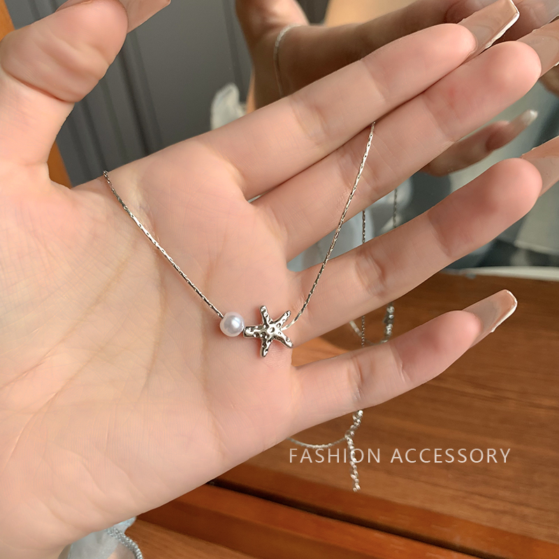 夏日银色海星珠项链配饰女吊坠串珠轻奢小众choker锁骨链高级感