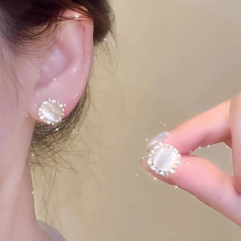 小方糖猫眼石珍珠耳钉女轻奢高级感精致耳环气质小众独特漂亮耳饰