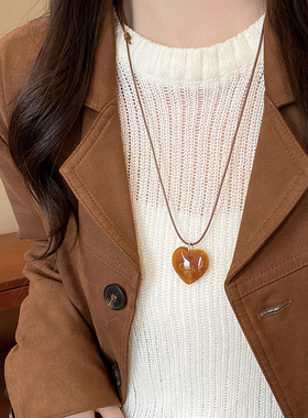 一款两戴！美拉德棕色爱心项链女秋冬长款毛衣链卫衣链锁骨链配饰