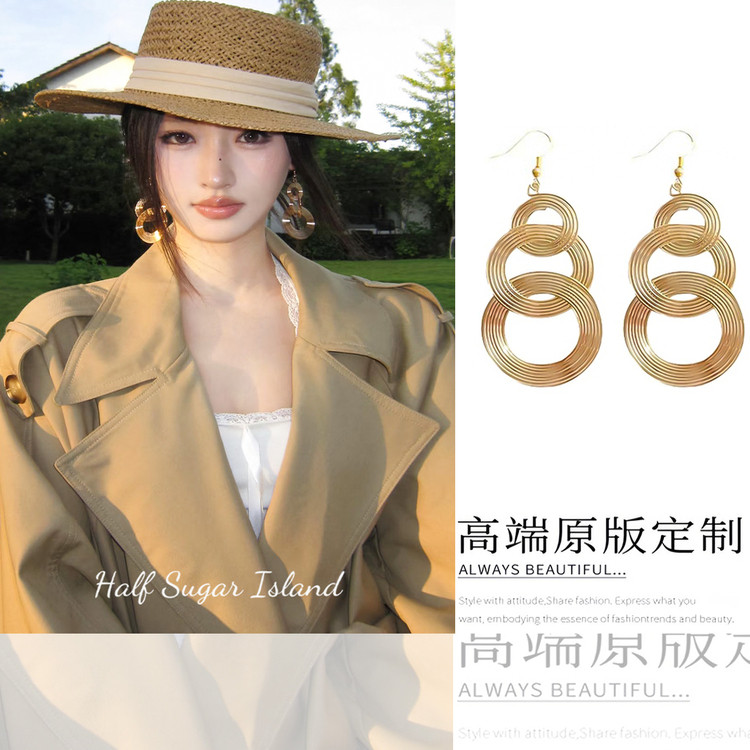 轻奢气质老钱风圆圈耳环多层镂空夸张耳坠高级感小众设计耳钉耳饰