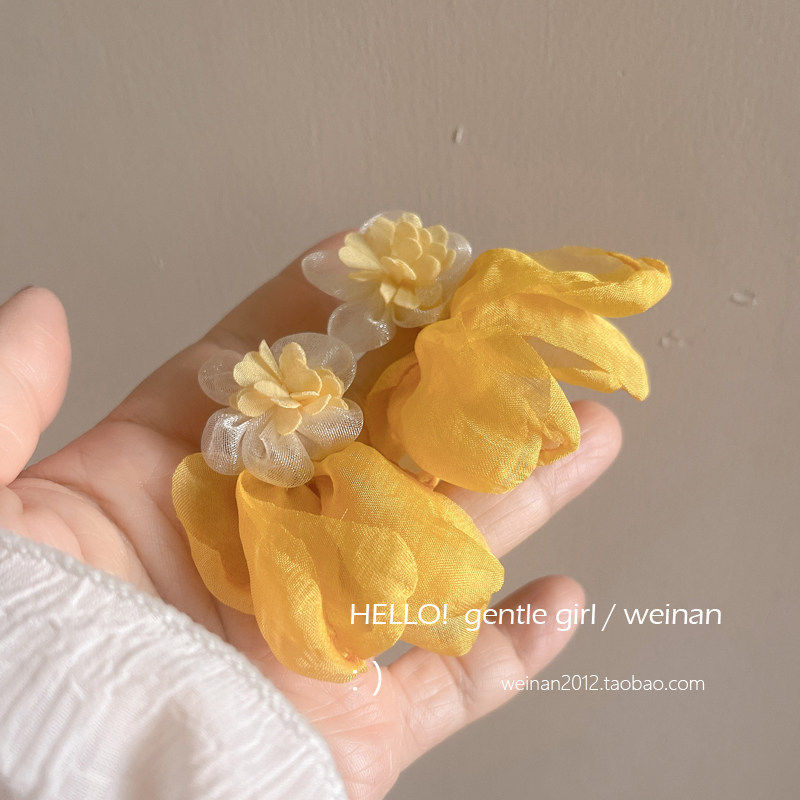 明黄纱布花朵浪漫仙气清新春夏潮耳钉耳环女少女感耳坠时尚饰品