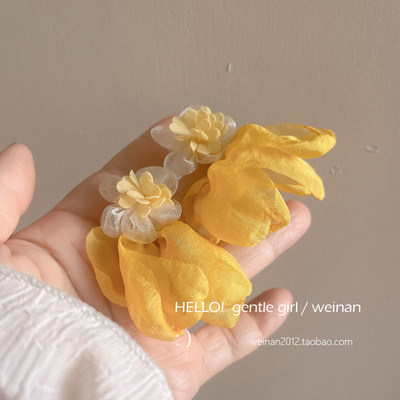 明黄纱布花朵浪漫仙气清新春夏潮耳钉耳环女少女感耳坠时尚饰品