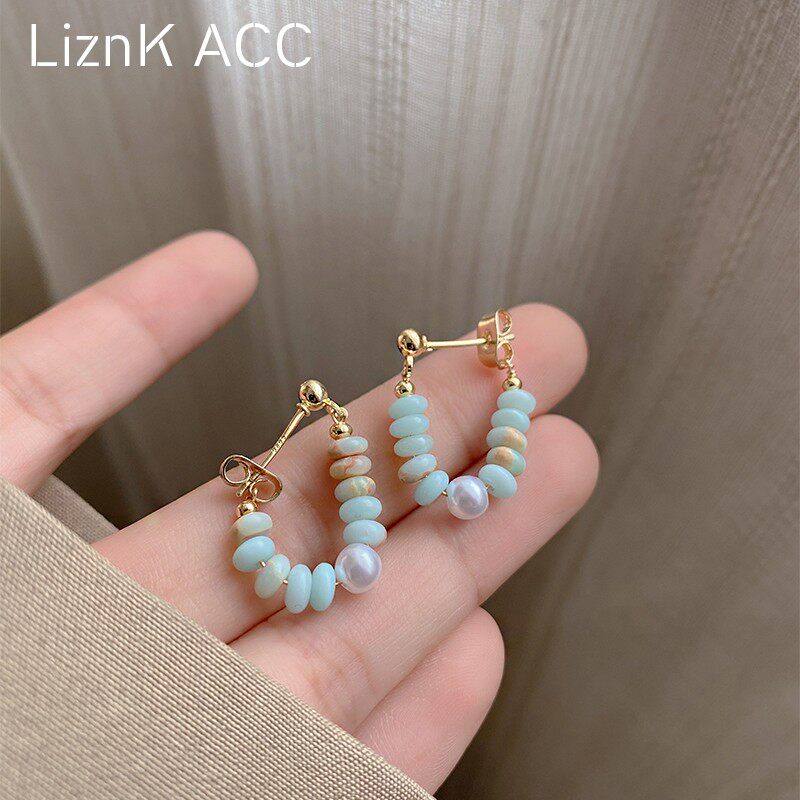 气质淡蓝~复古新中式水蓝色石头珍珠耳环温柔巴洛克后戴耳扣耳饰