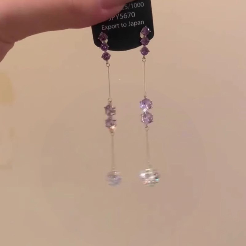 紫色仿锆石长款流苏耳环2025新款爆款高级感轻奢小众耳钉女耳饰