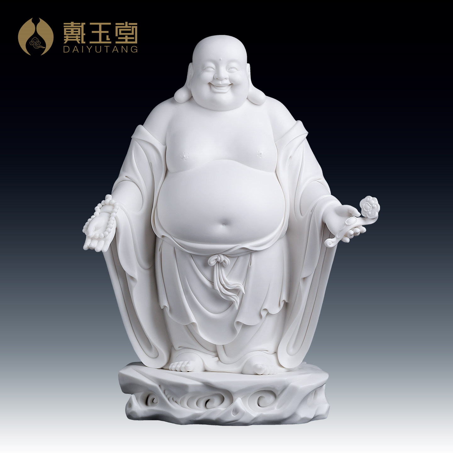 戴玉堂德化白瓷立岩弥勒佛佛像供奉家用大肚笑佛陶瓷装饰收藏摆件