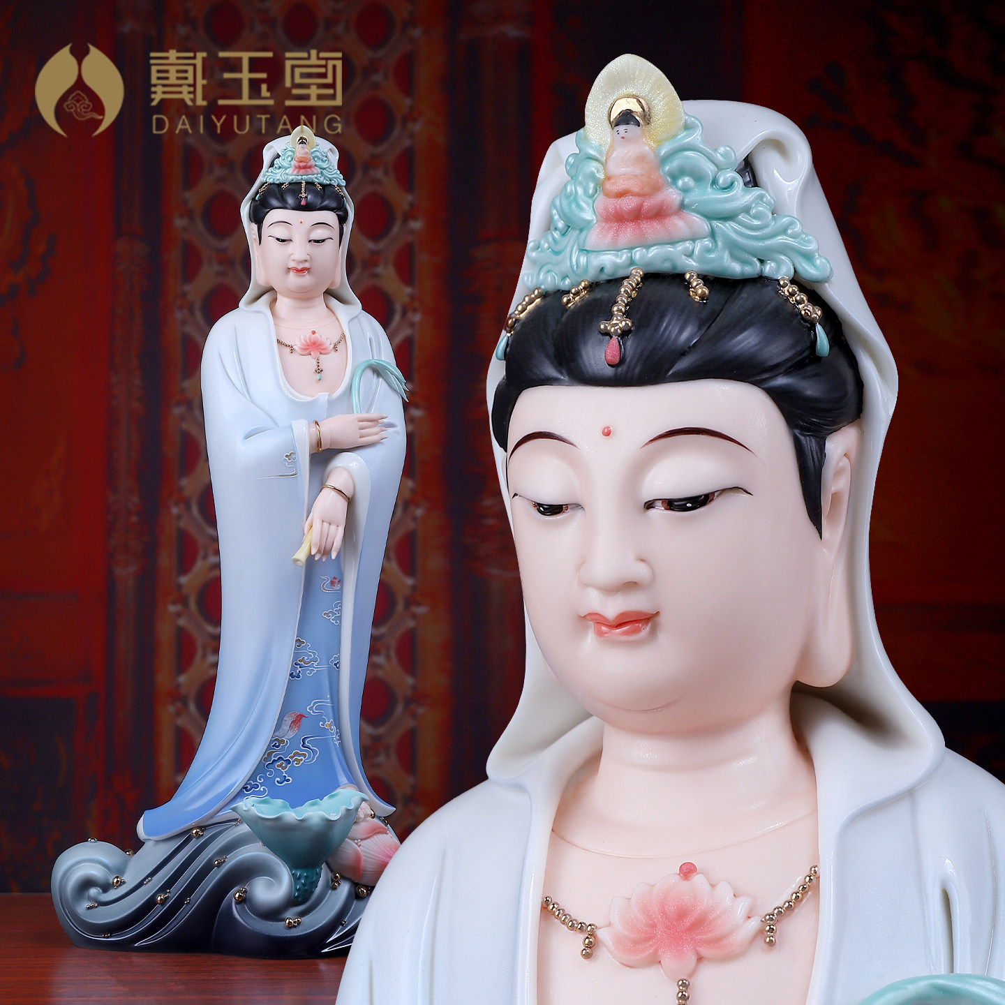 戴玉堂德化陶瓷精工彩滴水观音像家用客厅供奉观世音菩萨佛像摆件