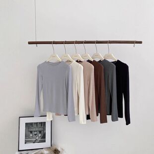 搭轻奢现货针织圆领长袖T秋冬山羊绒天丝亲肤内莫代尔修身打底衫