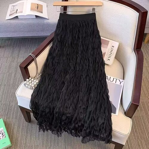 【清仓甩货】褶皱网纱仙女半身裙高级新款纱裙高腰显瘦中长款长裙