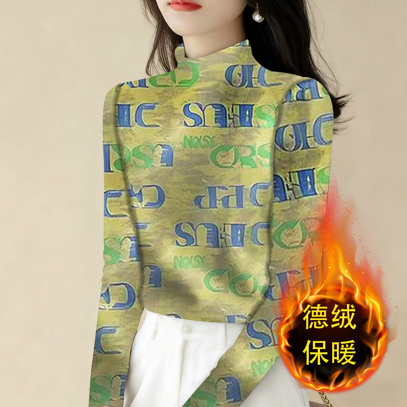 长袖外穿半高领印花德绒打底衫女大码胖mm宽松遮肚显瘦T恤小衫潮