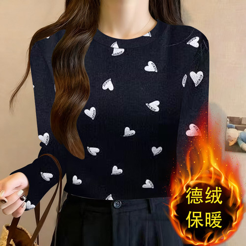 新款双面德绒磨毛圆领打底衫女秋冬季修身百搭30-40岁微胖打底衫