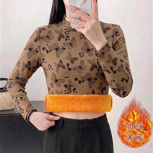 胖mm半高领宽松时尚打底衫外穿上衣女妈妈秋冬长袖加绒加厚T恤女