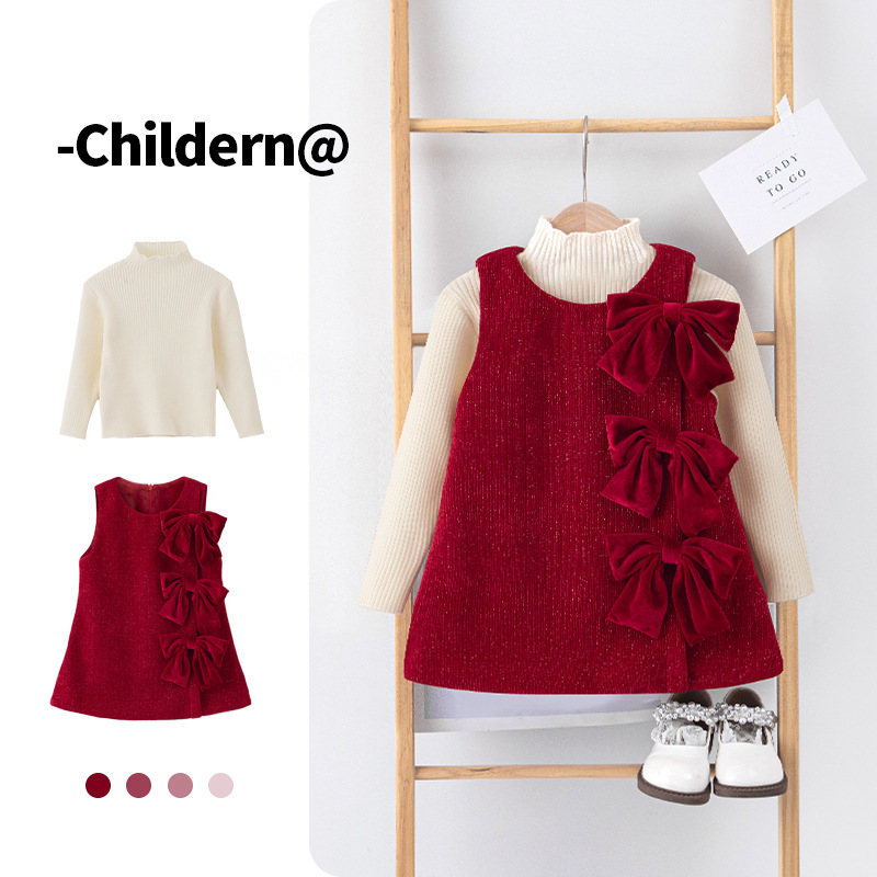 秋冬新款连衣裙洋气女童小香风加绒加厚打底花朵蝴蝶结喜庆拜年服