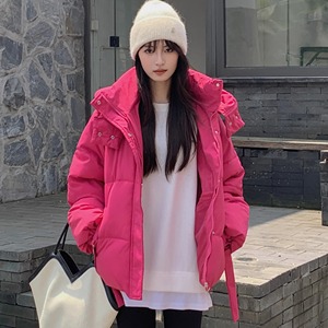炸街设计感玫红色百搭女今年流行的超好看宽松韩版羽绒棉面包外套