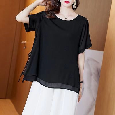 夏季宽松套头圆领纯色短袖洋气