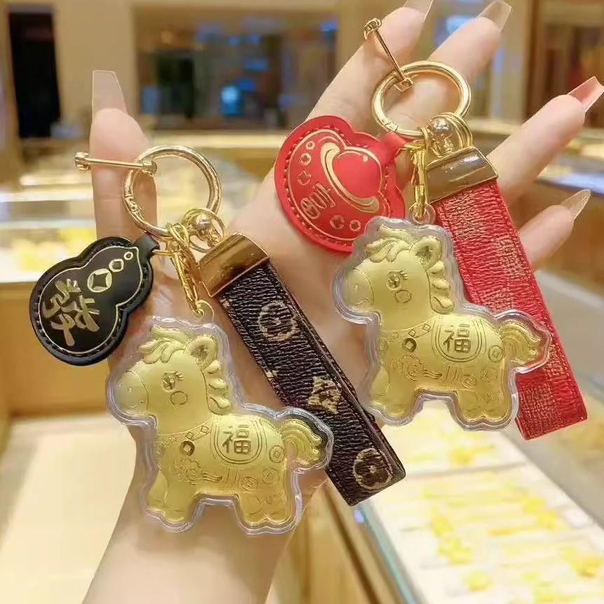 水贝足金999马上有钱皮革钥匙扣招财包包礼物挂件伴手礼物送客户