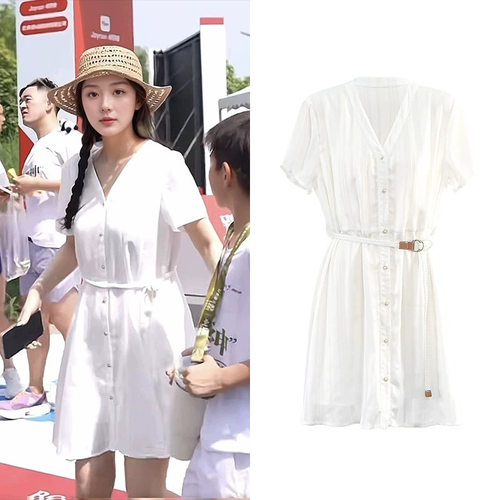 [现货]霍思燕北京亲子跑同款2023夏季新款时尚减龄显瘦白色连衣裙