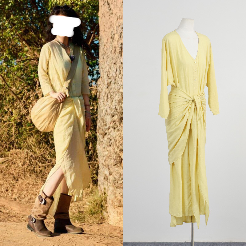 [现货]马思纯同款苎麻修身连衣裙高级感黄色减龄过膝长款衬衫裙子