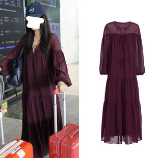 度假风超仙暗紫苑红宽松微胖大码 朱珠同款 宽松雪纺连衣裙女 现货