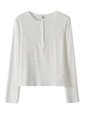 优女装罗纹亨利领T恤长袖打底25新款纯色休闲修身显瘦上衣E479591