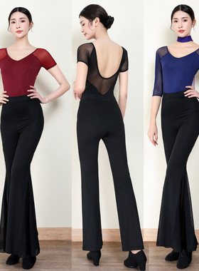 形体服女套装成人舞蹈连档练功服拼接网纱修身礼仪培训模特走秀服