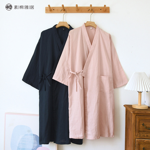 春秋精梳纯棉纱七分袖浴衣中式V领斜襟中长款和服袍情侣睡袍薄款