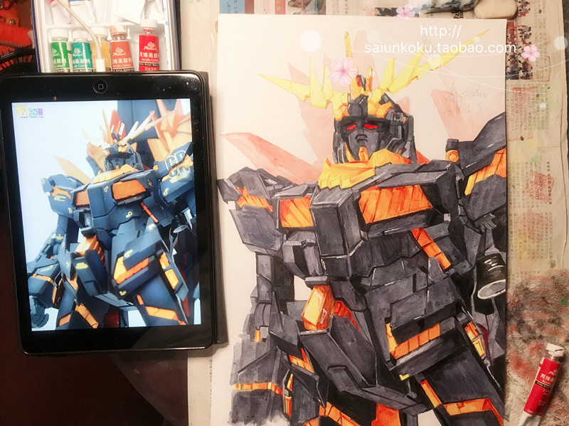 手绘~·丙烯颜料绘制高达uc独角兽报丧女妖comic(供赏)