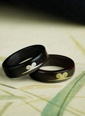 紫光檀木镶银戒指黑檀镶嵌金箍咒情侣紧箍对戒手饰品如意金箍咒