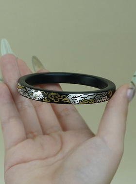 原创黑檀木镶银国风龙凤呈祥手镯紫光檀镶嵌铜方形实木镯子手饰品