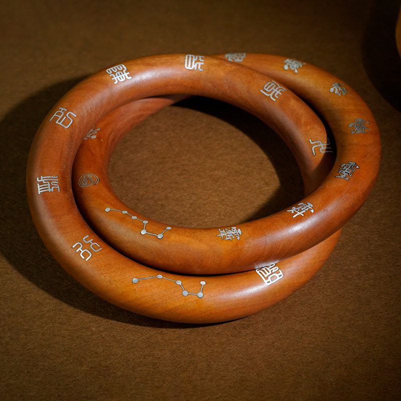 枣木镶银讳字乾坤圈手环镶嵌道家饰品十字天经九字真言木手镯定制