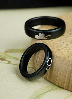 黑檀木镶银四叶草木戒指紫光檀镶嵌国风情侣对戒个性指环饰品批发