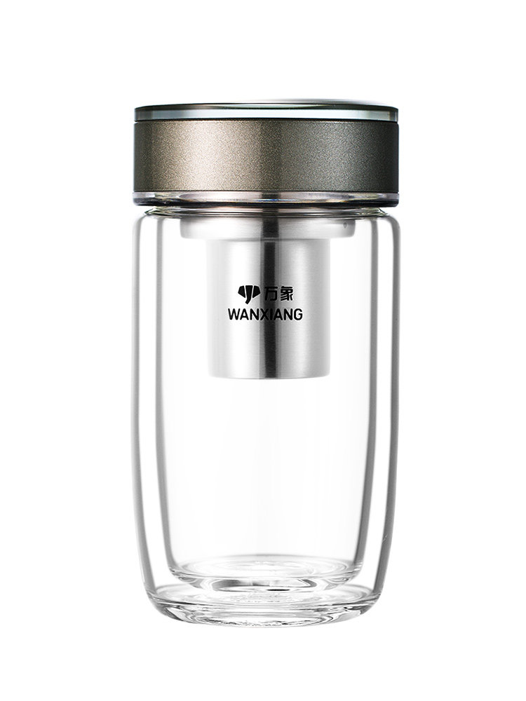 万象双层玻璃杯男女士弧形大容量高档泡茶杯带滤网水晶便携水杯