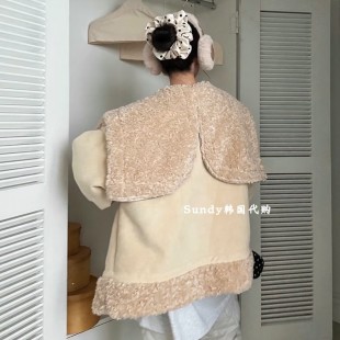 直邮韩国代购 洋气纯色皮毛一体披肩连帽宽松外套女 25秋新INS博主