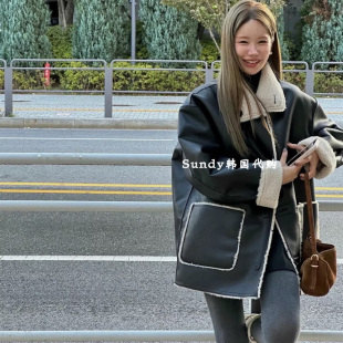直邮韩国代购 气质翻领皮毛一体正反两穿宽松外套女 25秋新INS博主
