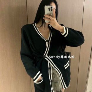 女 气质拼色宽松显瘦V领针织开衫 直邮韩国代购 INS博主25冬新