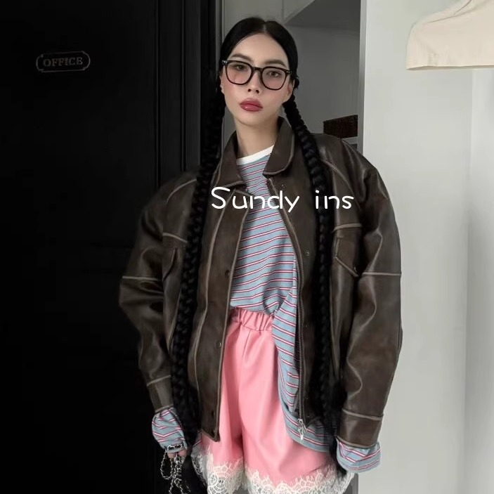 韩国东大门代购 24秋款 时尚翻领纯色复古宽松潮酷夹克皮衣外套女
